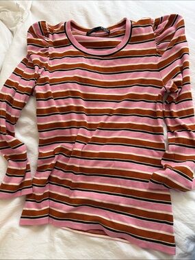 Veronica Beard Pink & Brown Striped Puff-Sleeve Long Sleeve Top